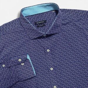 BUGATCHI Long Sleeve Button Down Shirt Size 2X Blue Microdot Stretch Classic Fit